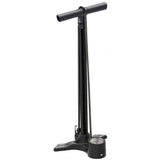 Lezyne Macro Floor Drive bike pump in flat black with dual valve and 220psi analog gauge for inflating bicycle tires.