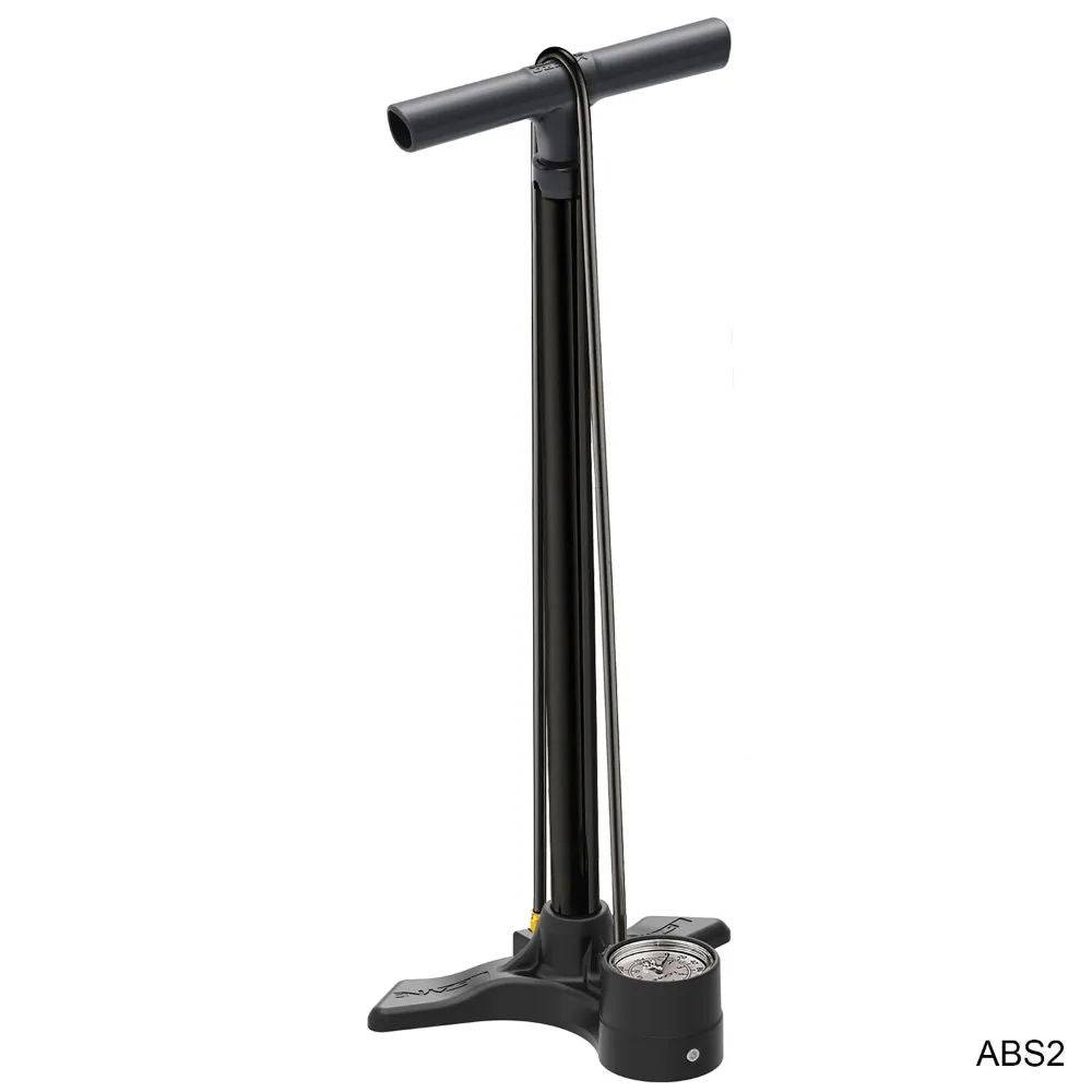 Lezyne Macro Floor Drive bike pump in gloss black with dual valve and 220psi analog gauge for precise inflation.