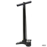Lezyne Macro Floor Drive bike pump in gloss black with dual valve and 220psi analog gauge for precise inflation.