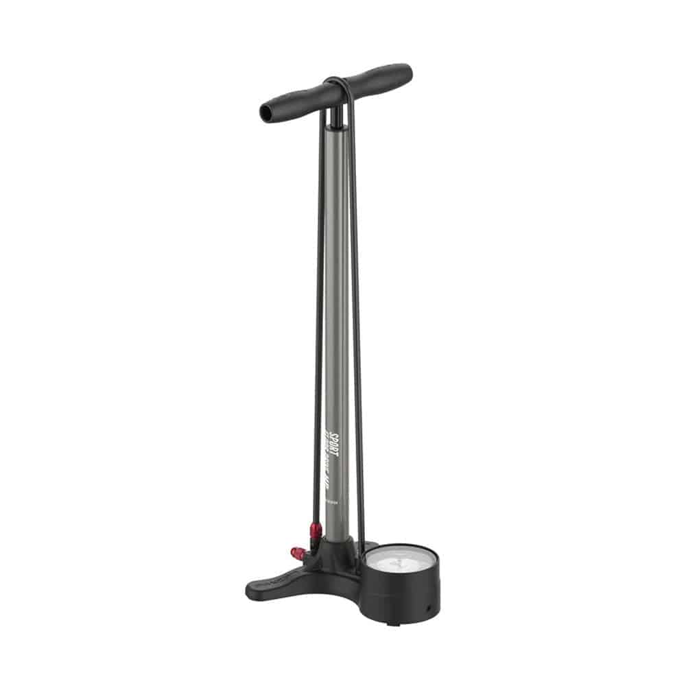 Lezyne Sport Floor Drive bike pump with flat grey finish and 3.5-inch gauge, capable of reaching 220psi for bike tire inflation