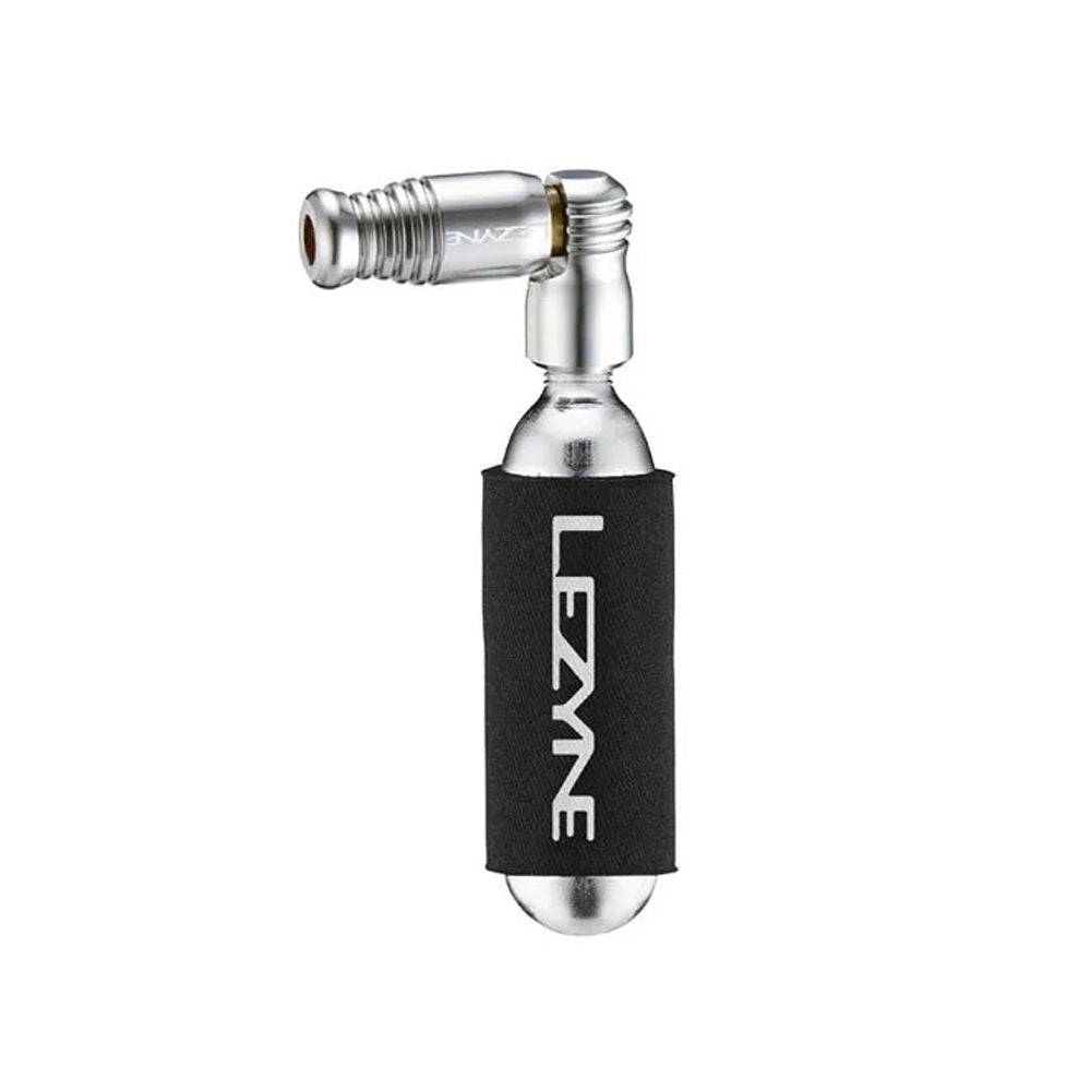 Lezyne Trigger Speed Drive CO2 inflator in silver, compact bike tire inflator compatible with Presta and Schrader valves.