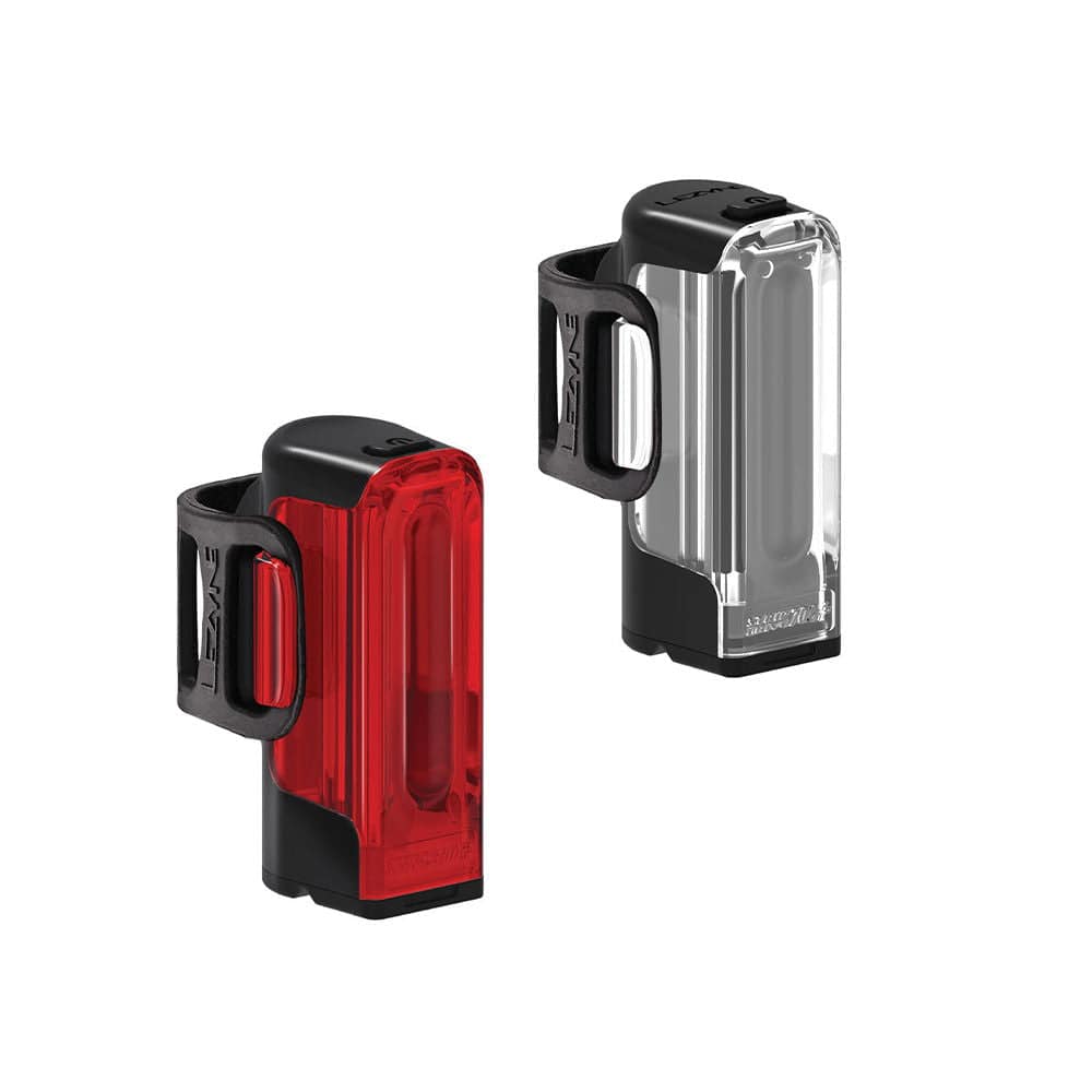 Lezyne Strip Drive bike light pair with front 700 lumens and rear 300 lumens, USB-C rechargeable, mounted on a bicycle.