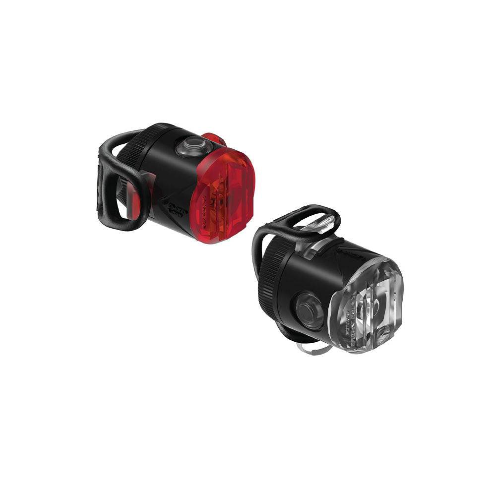 Lezyne Femto USB-C bike light set with front and rear black rechargeable LED bike lights, compact and lightweight accessories.