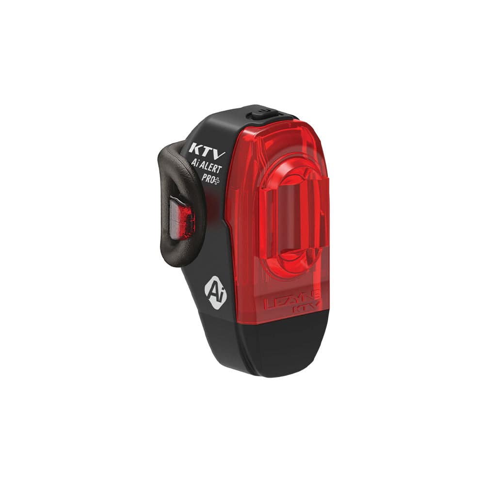 Lezyne KTV Pro+ Ai Alert rear bike light with brake sensing, USB rechargeable, mounted on a bicycle.