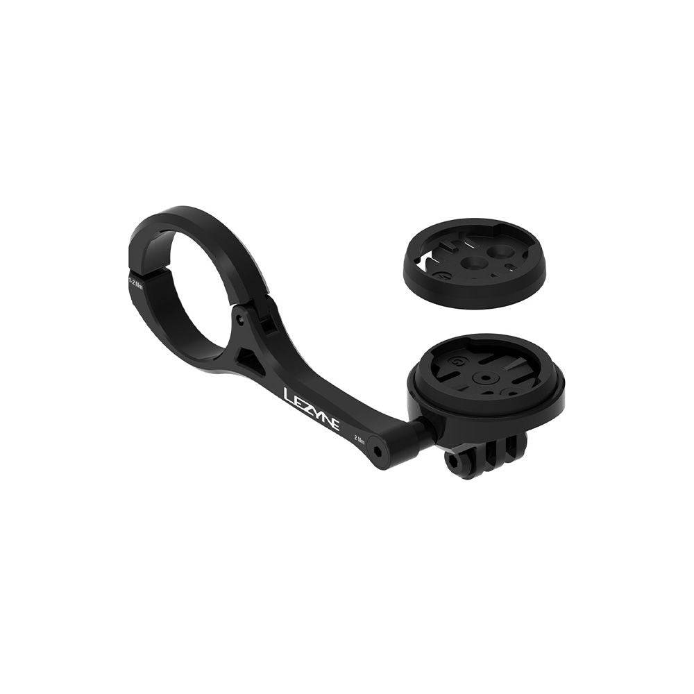 Lezyne Garmin Wahoo GPS forward mount for 31.8mm handlebars, compatible with GoPro, used for cycling GPS device attachment