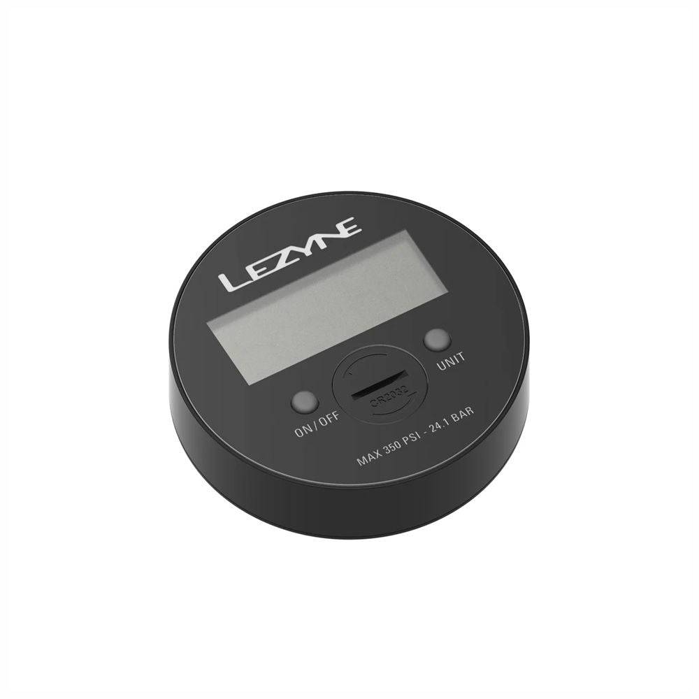 Lezyne digital tire pressure gauge showing PSI readings, designed for accurate bike tire inflation with a compact, easy-to-read display.