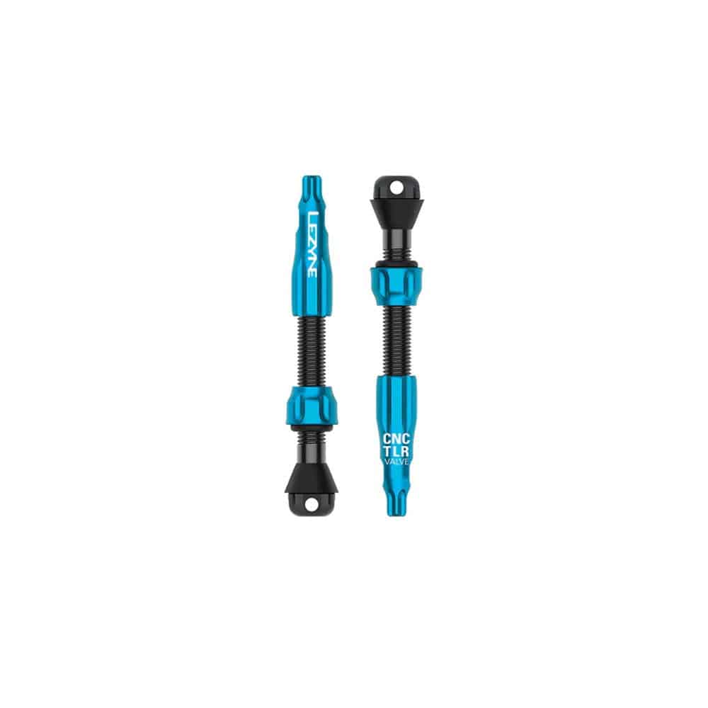 Lezyne CNC TLR Valve PRO tubeless Presta valve with integrated core tool, blue 44mm component for bicycle tires.