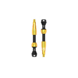 Lezyne CNC TLR Valve PRO tubeless Presta valve with integrated core tool in gold, designed for bike wheels and components.