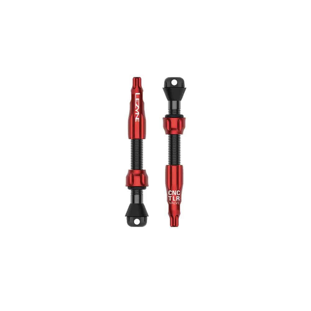 Lezyne CNC TLR Valve PRO tubeless Presta valve with integrated core tool in red, designed for bicycle wheel components.