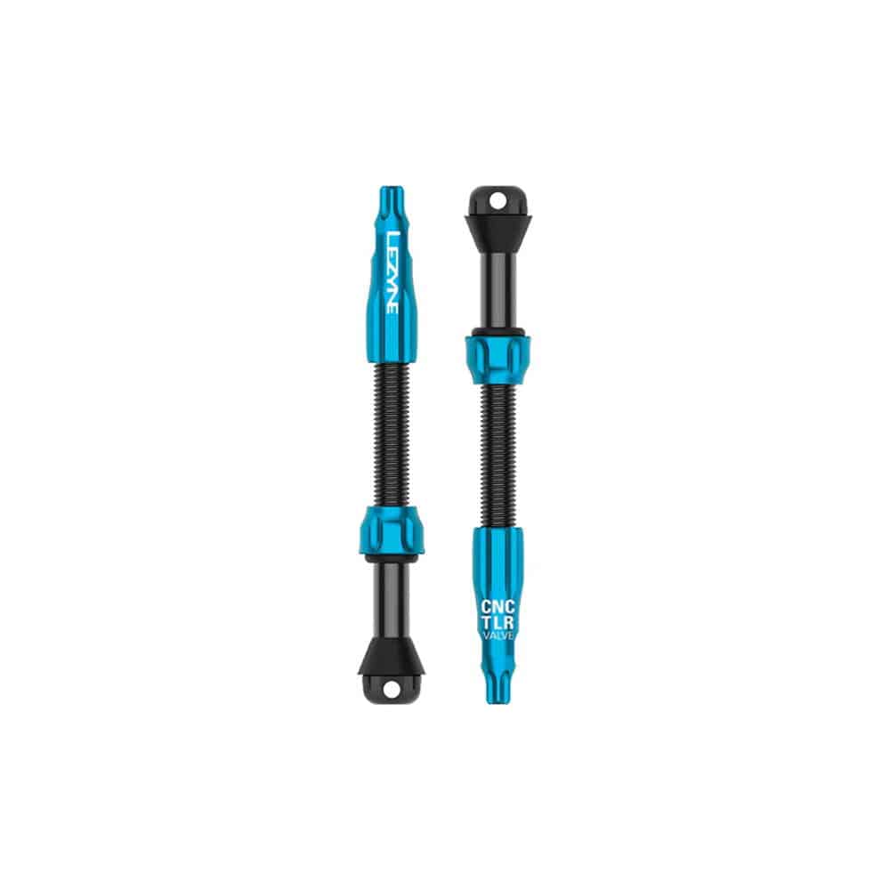 Blue Lezyne CNC TLR Valve PRO tubeless Presta valve with integrated core tool, 60mm length, designed for bicycle wheels and components.