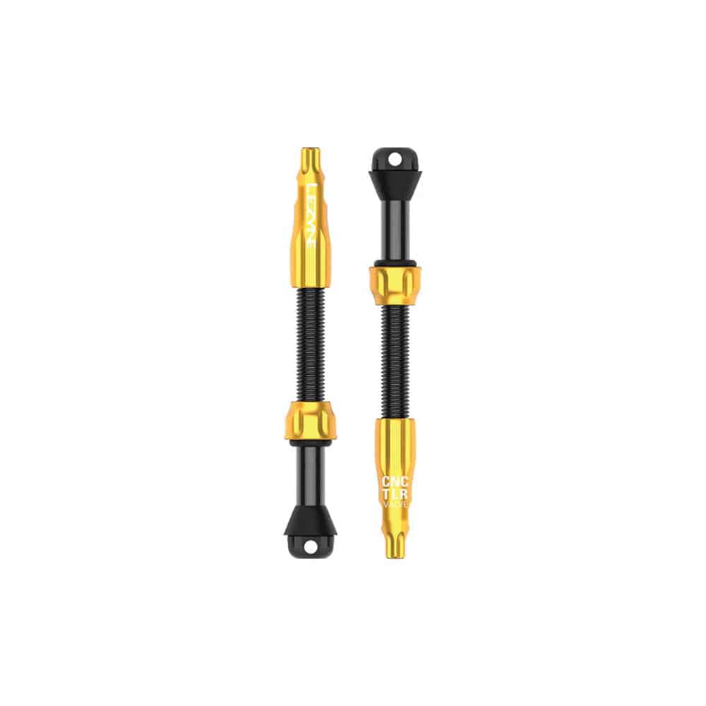 Lezyne CNC TLR Valve PRO tubeless Presta valve with integrated core tool, 60mm length, gold-colored bike component.
