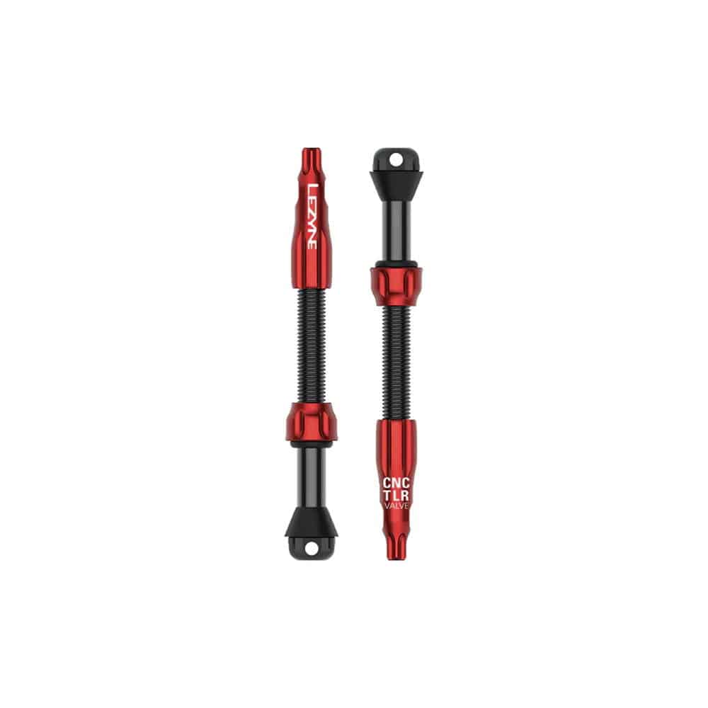 Lezyne CNC TLR Valve PRO tubeless Presta valve with integrated core tool, 60mm length, red color, for bicycle wheel components.