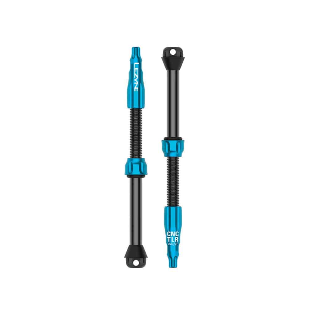 Lezyne CNC TLR Valve PRO tubeless Presta valve with integrated core tool, blue and 80mm length, bike components accessory.
