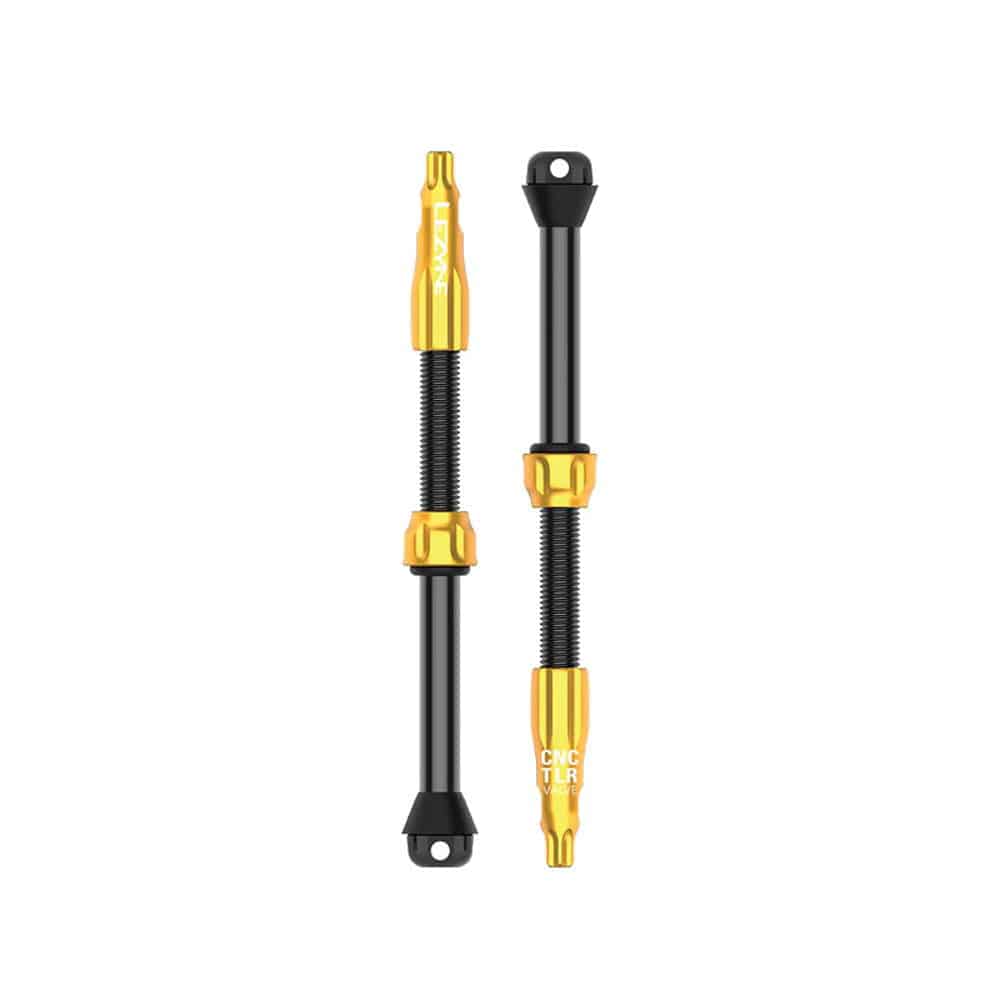 Lezyne CNC TLR Valve PRO tubeless Presta valve with integrated core tool in gold, 80mm length, for bicycle wheels.