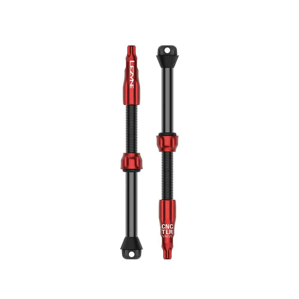 Lezyne CNC TLR Valve PRO tubeless Presta valve in red with integrated core tool, 80mm length, for bike wheel components