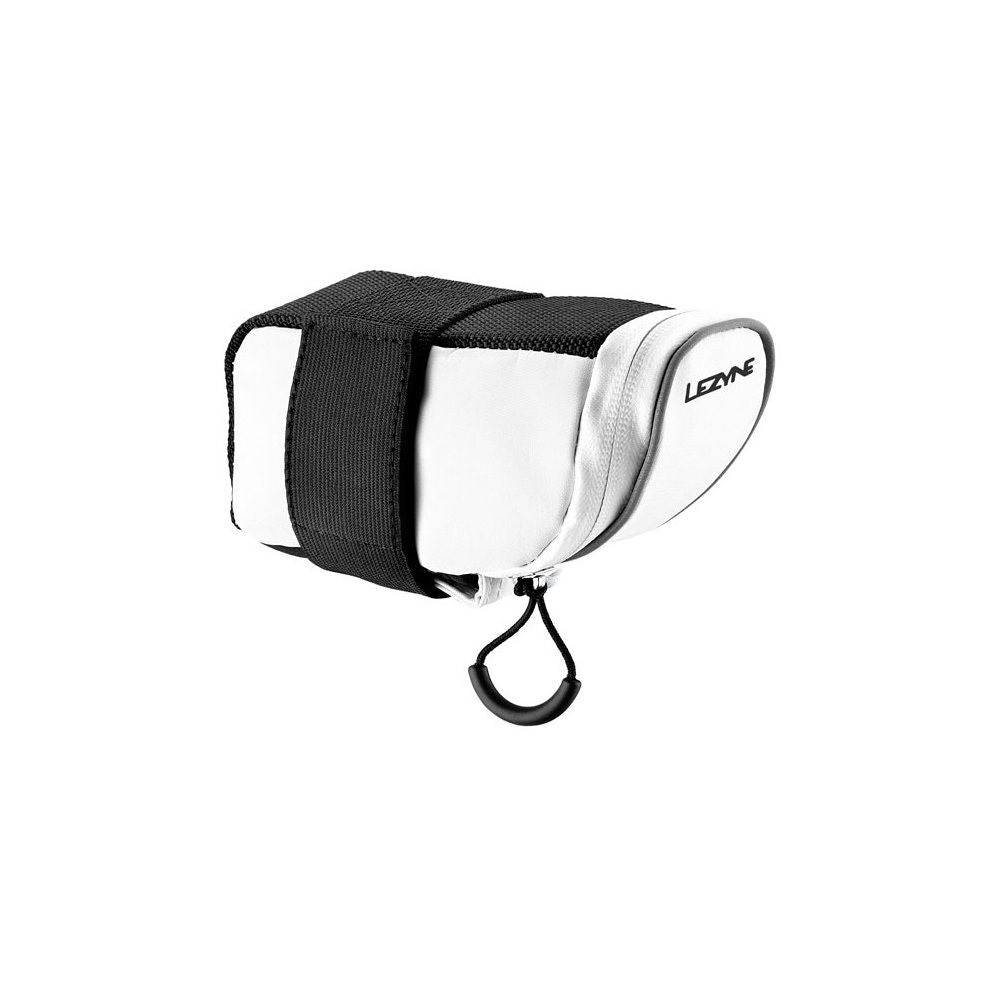 Lezyne Micro Caddy bike seat pack in white, compact and durable storage accessory for cycling essentials attached to bike seat.