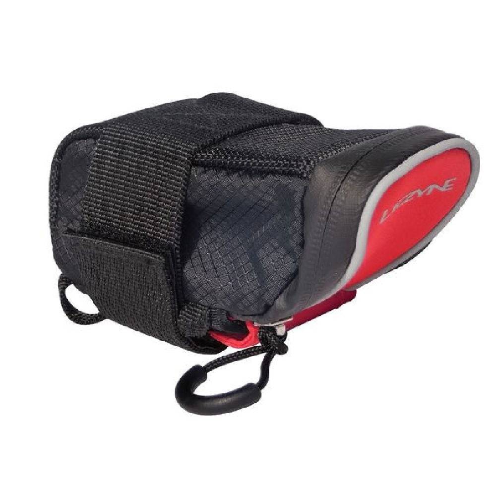 Lezyne Micro Caddy bike seat pack in red and black, compact and durable storage for essentials on cycling rides.