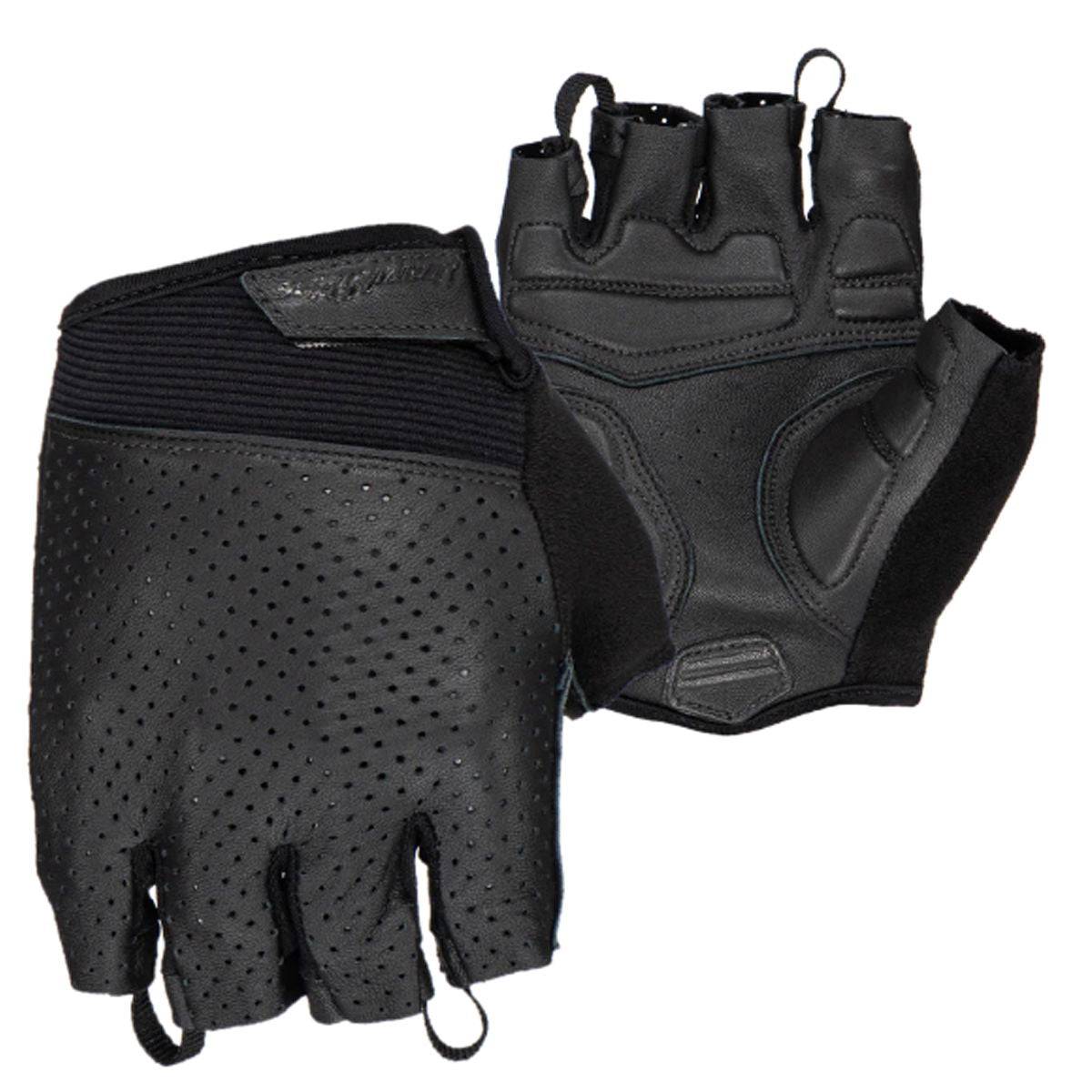 Lizard Skins Aramus Classic cycling gloves in jet black with gel padding and wrist support, showing the gloves on a rider's hands.