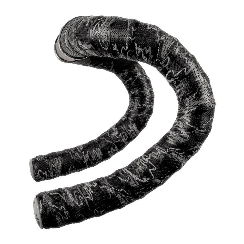 Lizard Skins DSP 3.2mm bar tape with screw-in plugs, featuring carbon camo design for grip and comfort on bicycle handlebars.