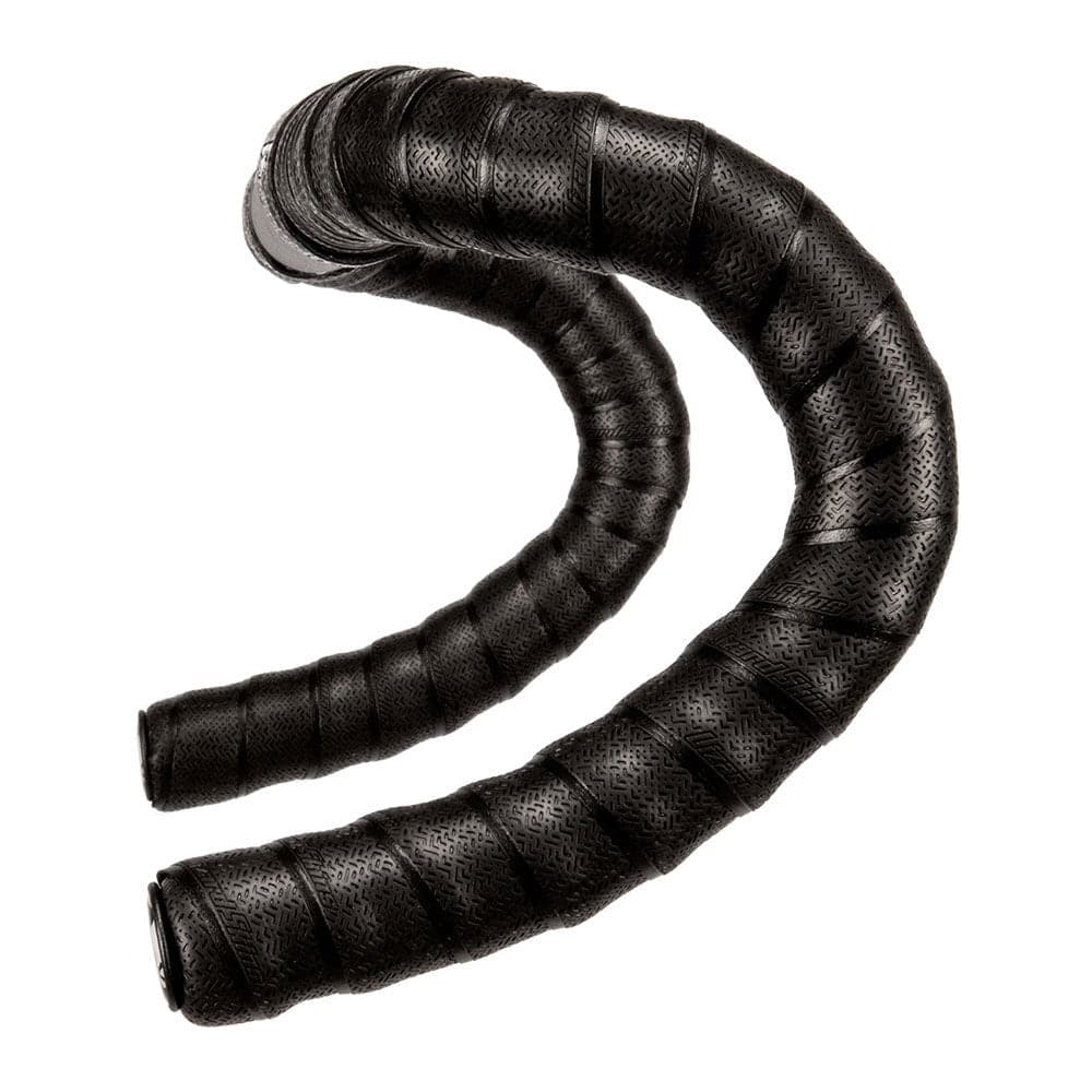 Lizard Skins DSP 2.5mm bar tape with screw-in plugs on a road bike handlebar in jet black, showing textured grips and clean installation.