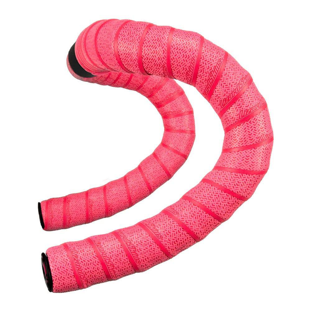 Lizard Skins DSP 3.2mm bar tape in neon pink with screw-in plugs, designed for grip and comfort on bicycle handlebars.