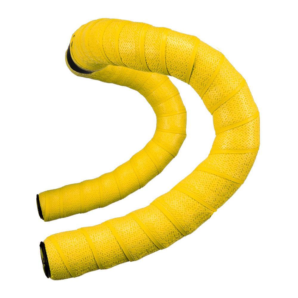 Lizard Skins DSP 2.5mm bar tape with screw-in plugs for road bikes, in vibrant yellow, shown wrapped around handlebars.