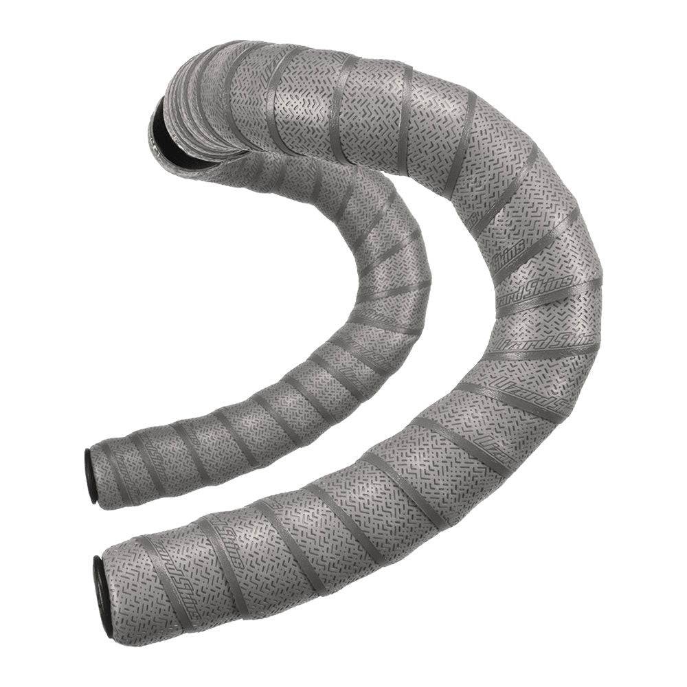 Lizard Skins DSP 2.5mm bar tape with screw-in plugs on a road bike handlebar, in cool gray for comfortable grip.