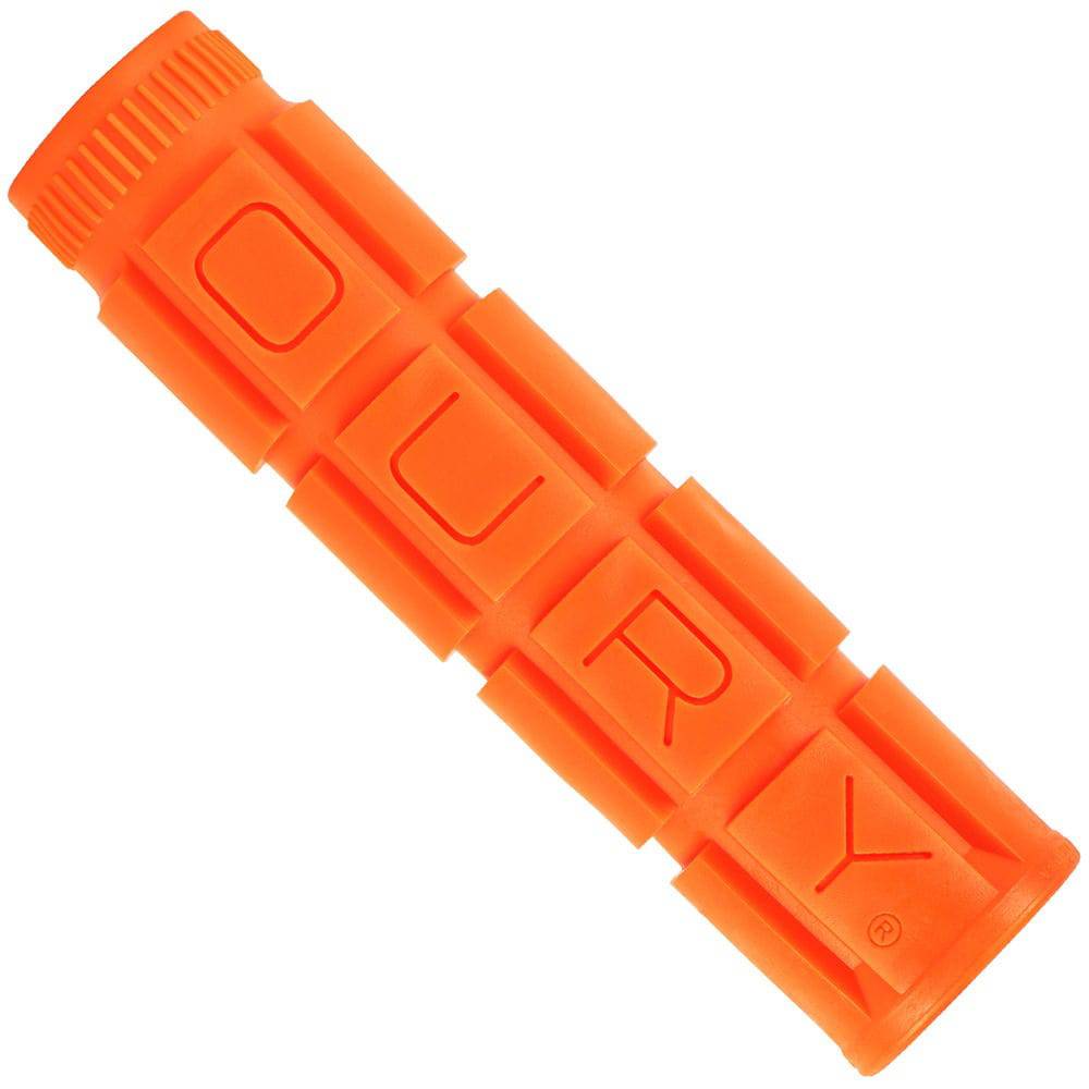 Lizard Skins Oury V2 MTB and BMX bike grips in blaze orange with anti-vibration feature and textured surface for improved grip.
