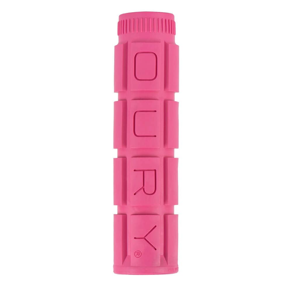 Lizard Skins Oury V2 single compound grips in pink for MTB and BMX bikes, designed to reduce vibration and improve grip.