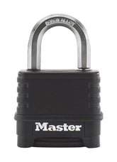 Master Lock Excell laminated padlock with 57mm boron-carbide shackle, front view showing sturdy body and secure locking mechanism.