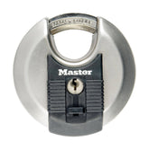 Master Lock Excell Discus Padlock 70mm high security outdoor lock with M40 keyway and durable metal construction.