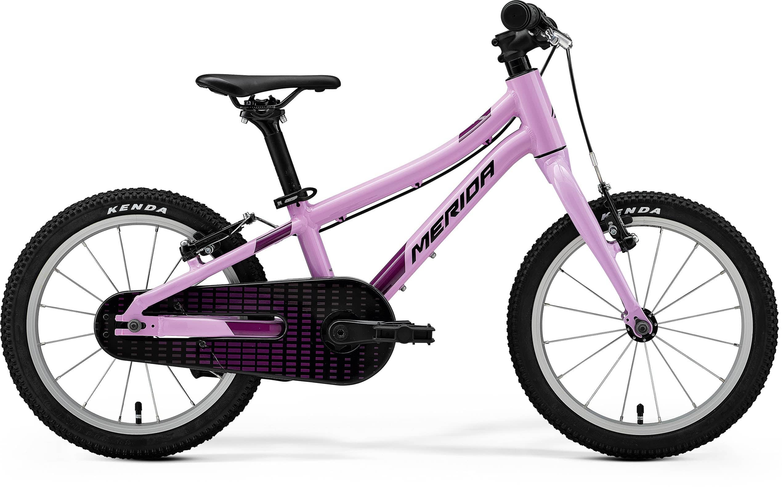 Pink and purple Merida Matts J.16 kids' bike with child-friendly brakes and chain guard, perfect for young riders.