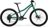 Green Merida Matts J.24+ kids mountain bike with adjustable stem and 1x drivetrain, shown from the side.