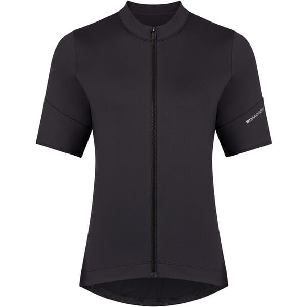 Black Madison Flux women's short sleeve cycling jersey with pockets, size 6, featuring a fitted design and breathable fabric.