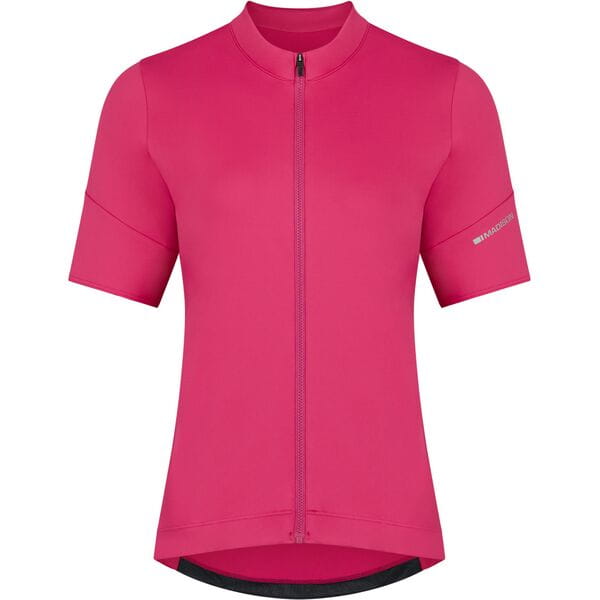 Madison Flux women's short sleeve cycling jersey in magenta pink, size 6, with a fitted design and brand logo on the front.