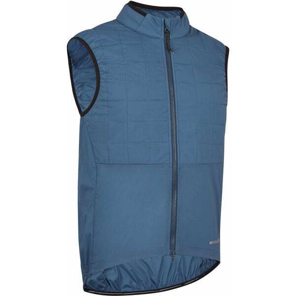 Madison Roam men's windproof packable Primaloft insulated gilet vest displayed on a hanger, showcasing its lightweight, quilted design.