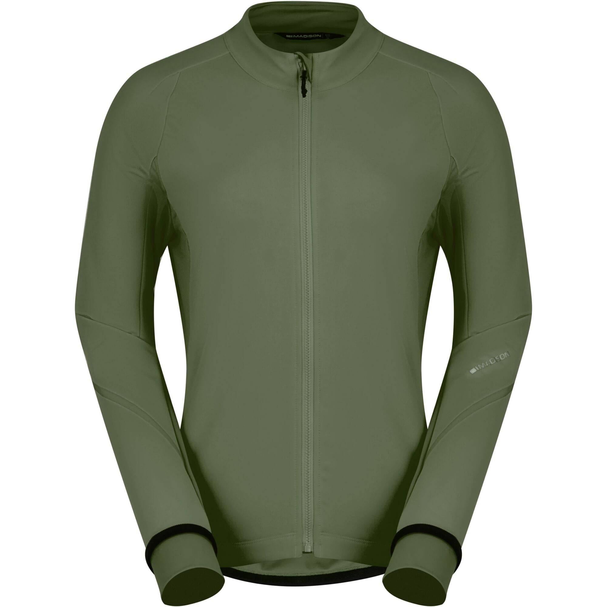 Madison DTE Women's Isoler thermal long sleeve cycling jacket with DWR coating, shown in black with reflective details.