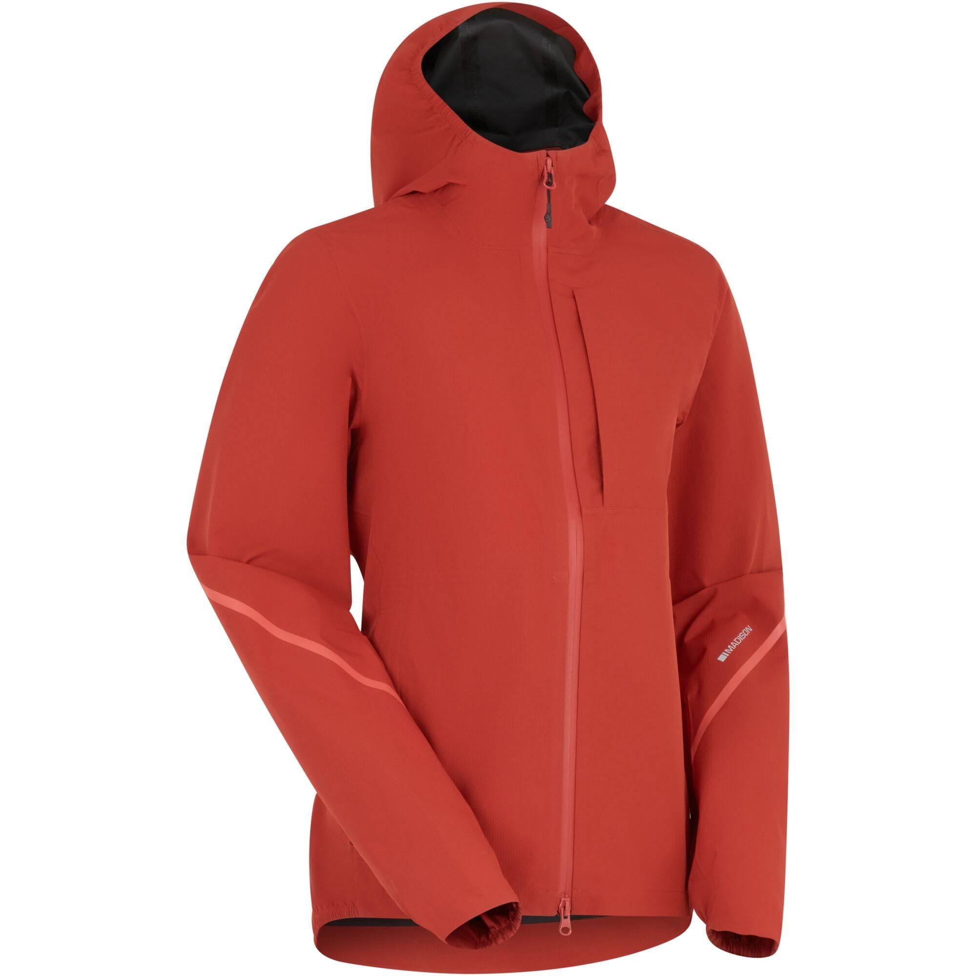 Madison Roam women's 2-layer waterproof cycling jacket with reflective details, shown in a front view with hood and adjustable cuffs.