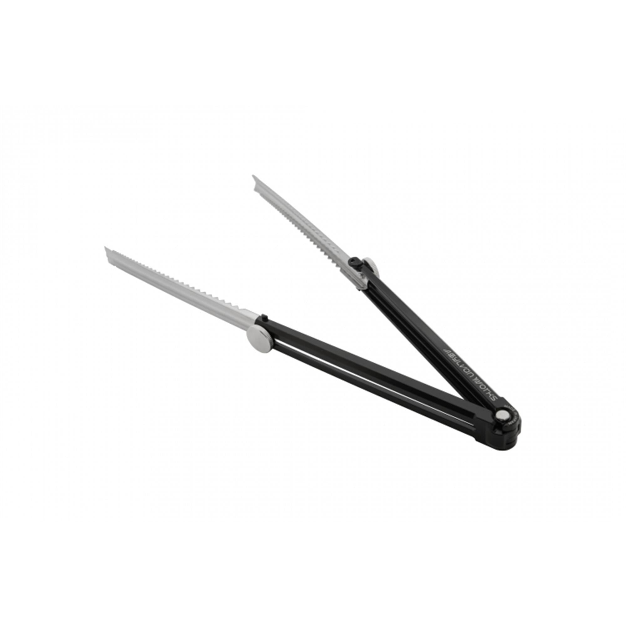 MKS Sylvan Works Grippin Gator extendable BBQ and campfire tongs, stainless steel accessories for grilling and camping.