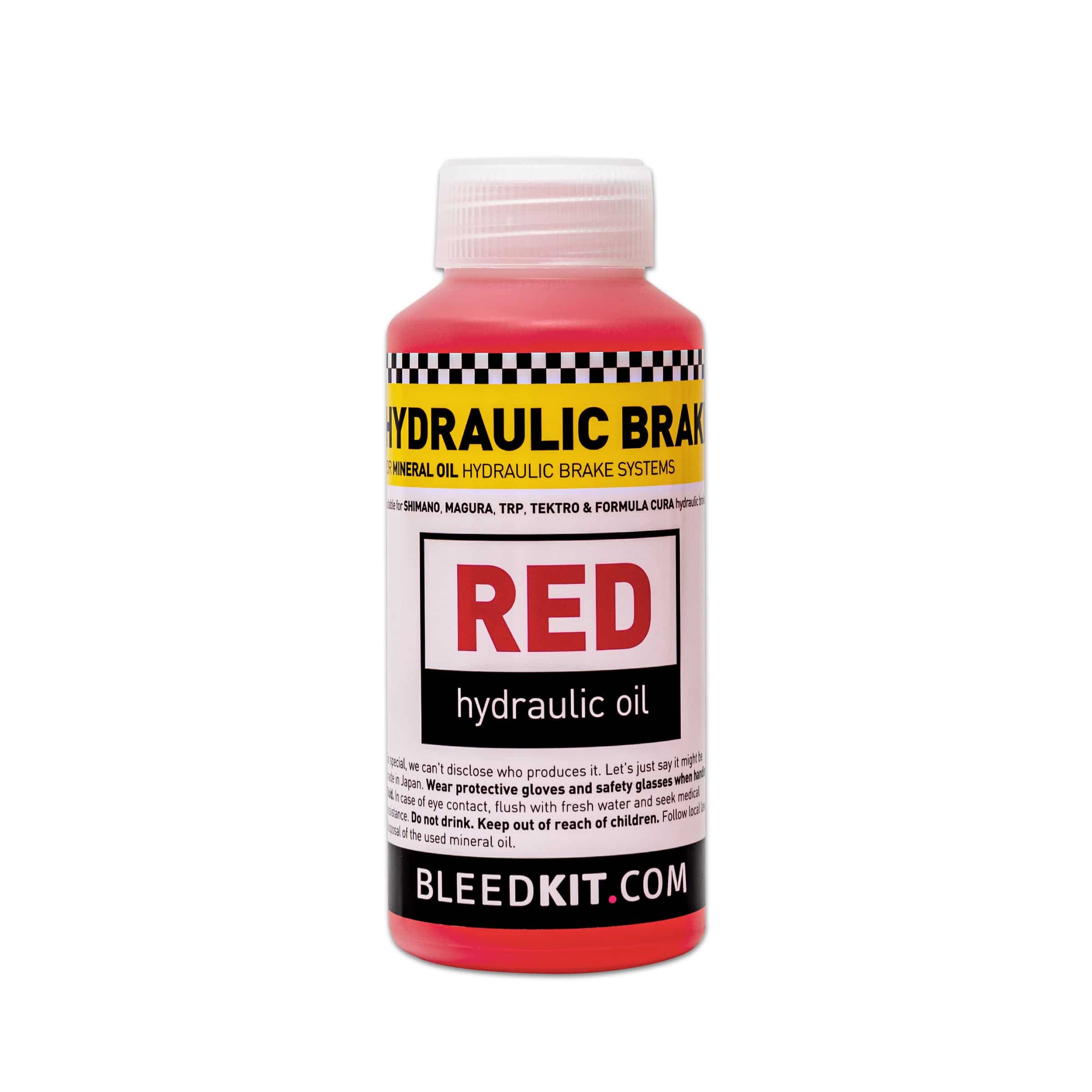 Bleedkit Red Mineral Brake Oil 100ml for Shimano hydraulic brake systems, showing the bottle with red liquid and packaging.