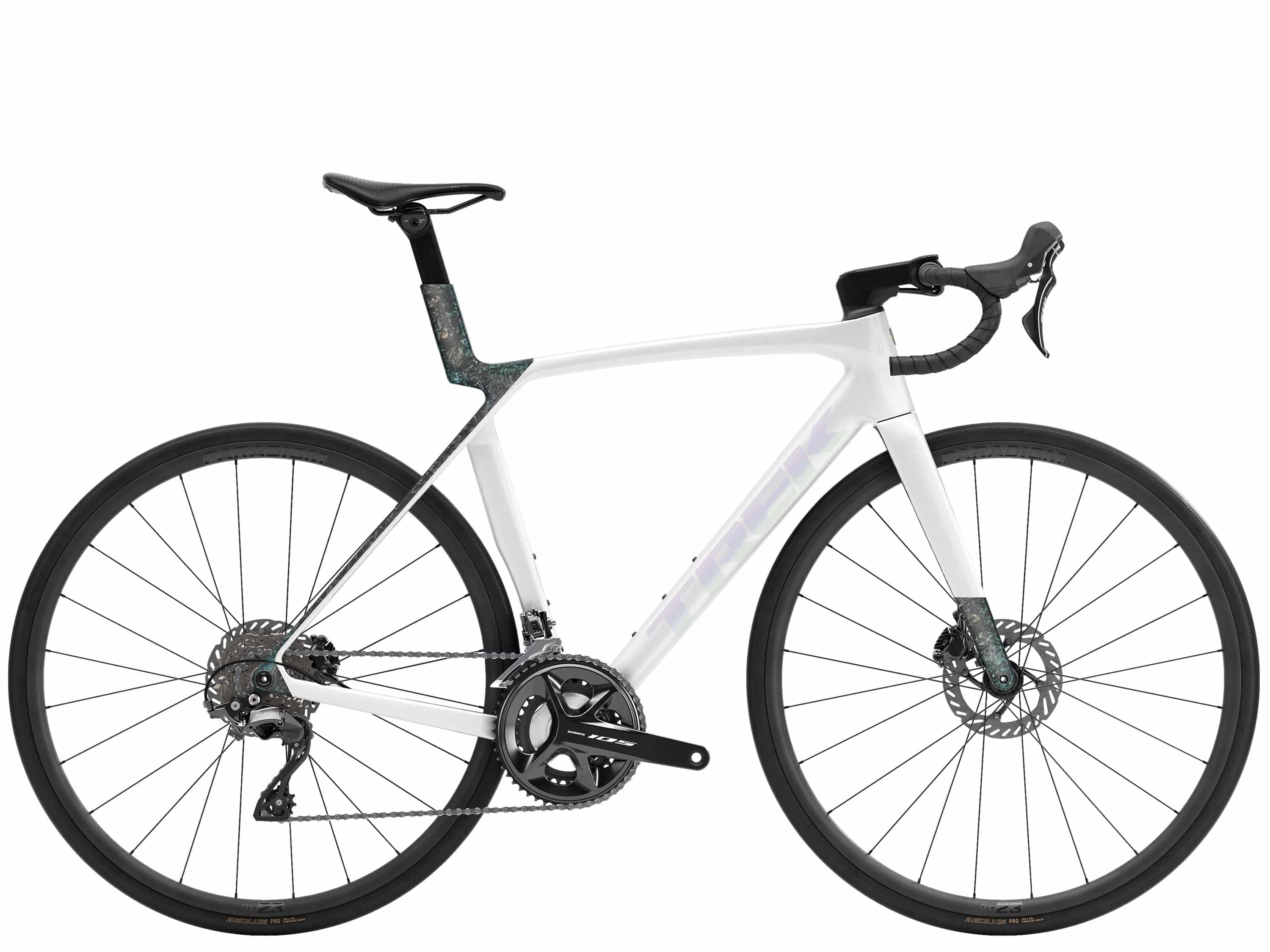 Trek Madone SL 5 Gen 8 aero road bike with lightweight frame, aerodynamic design, and sleek black finish for speed and climbing.