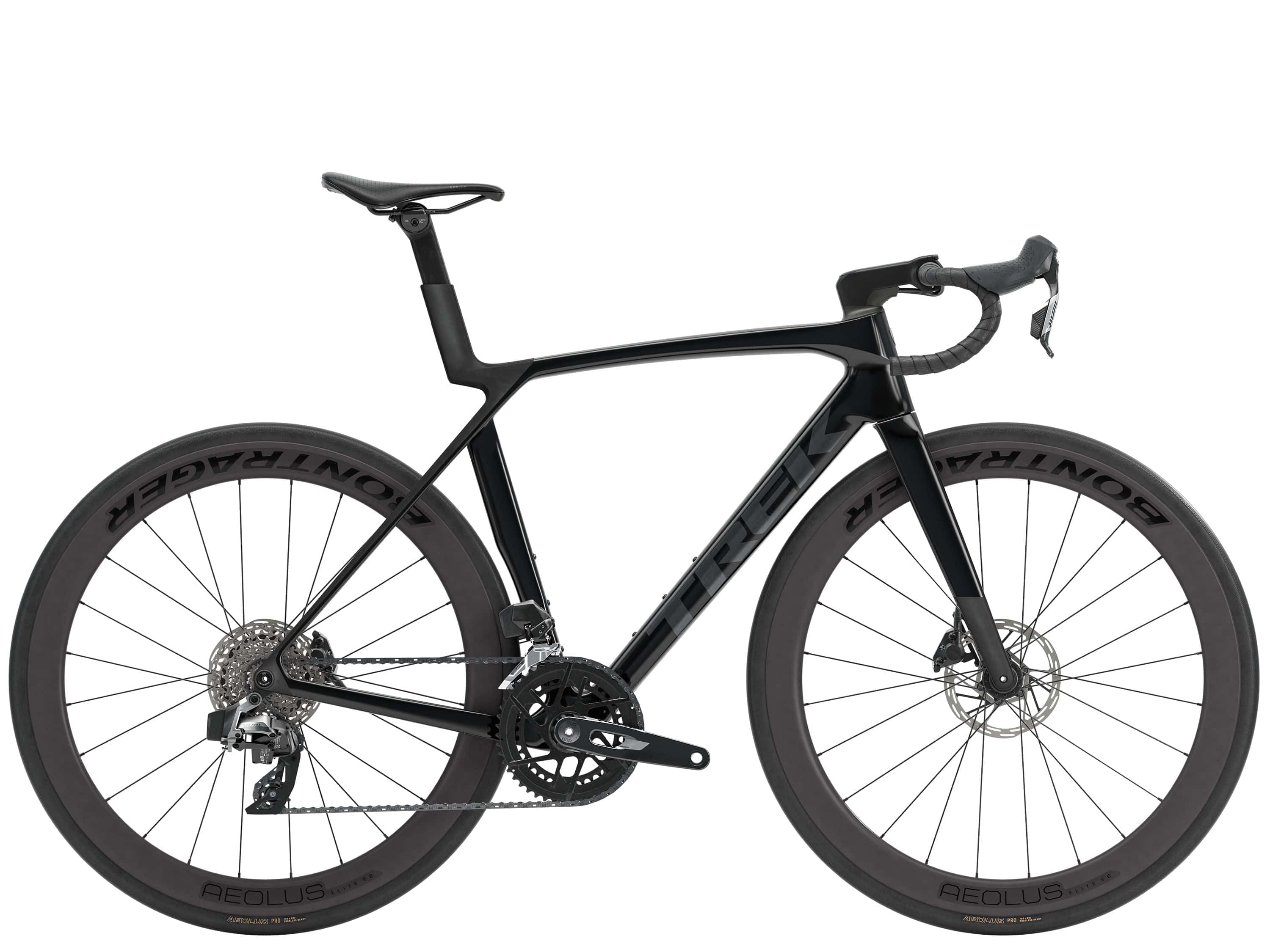 Trek Madone SL 6 AXS Gen 8 road bike with aerodynamic frame and electronic shifting, shown in a sleek black and red design.