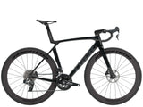 Trek Madone SL 6 AXS Gen 8 road bike with aerodynamic frame and electronic shifting, shown in a sleek black and red design.