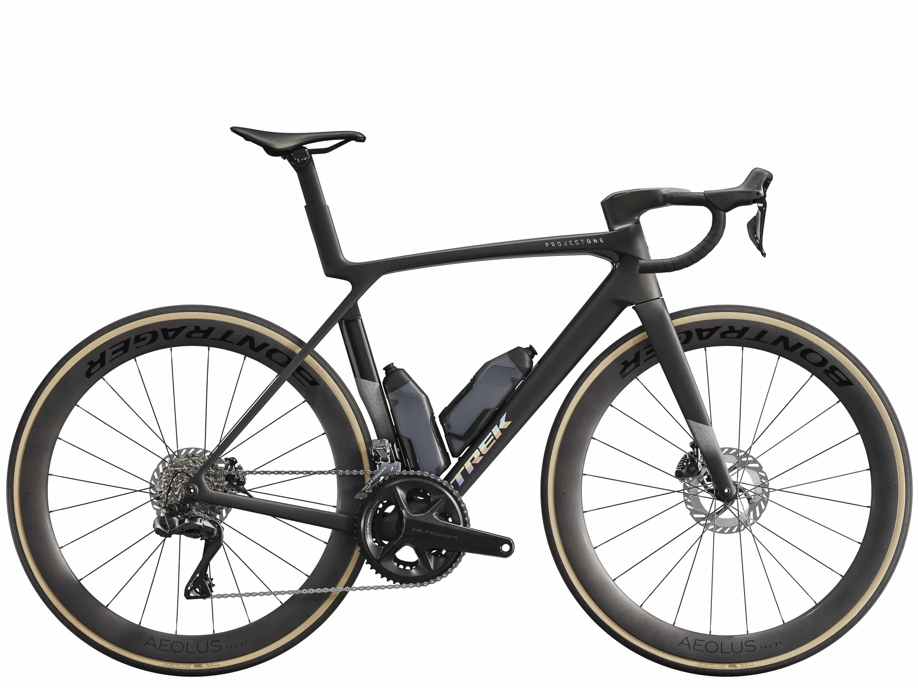 Trek Madone SLR 7 Gen 8 road bike with aero carbon frame and Shimano Ultegra Di2 gear shifters, shown from the side.