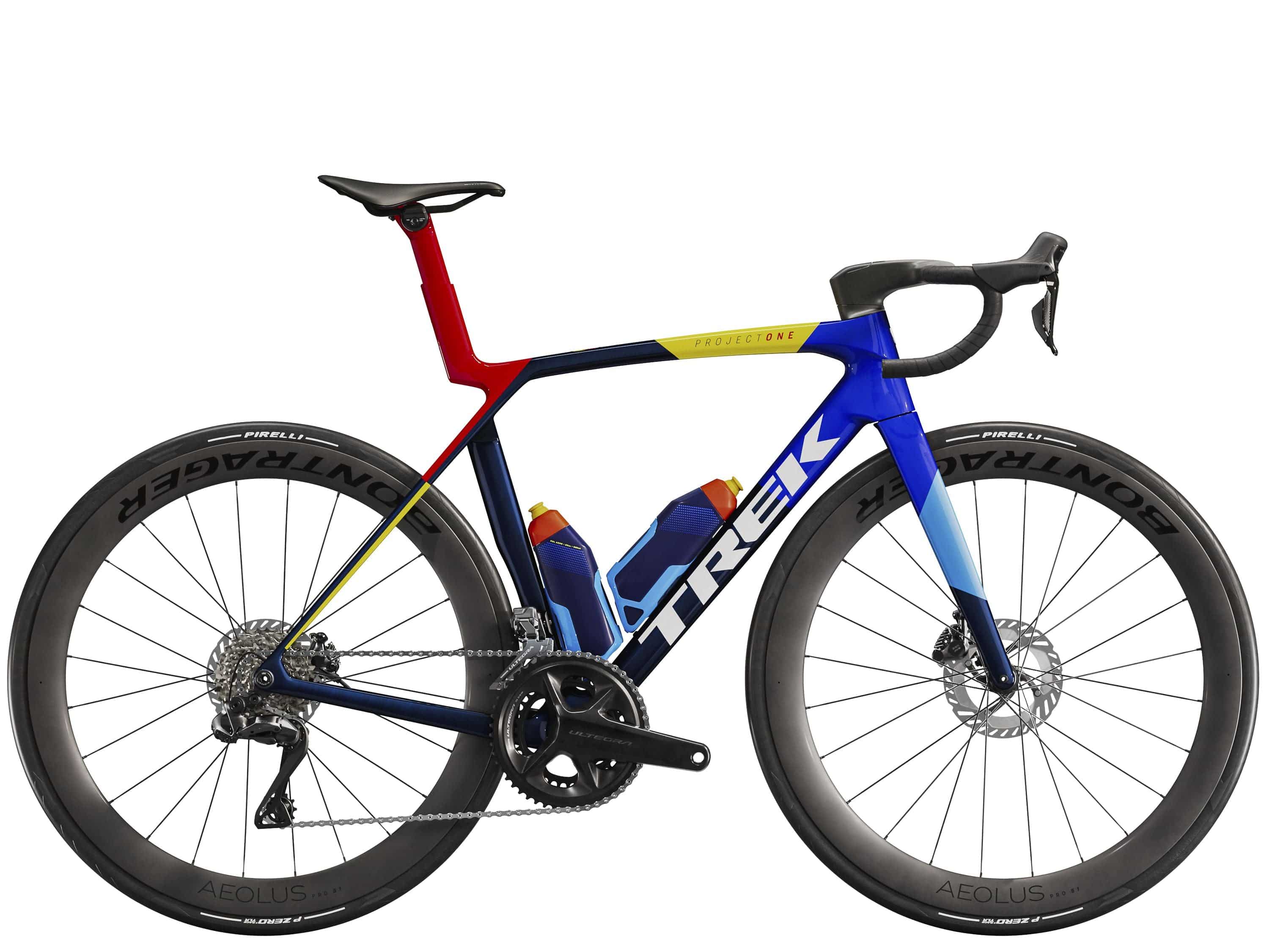 Trek Madone SLR 7 Gen 8 road bike with aero carbon frame and Shimano Ultegra Di2 gears, shown in a sleek, aerodynamic riding position.
