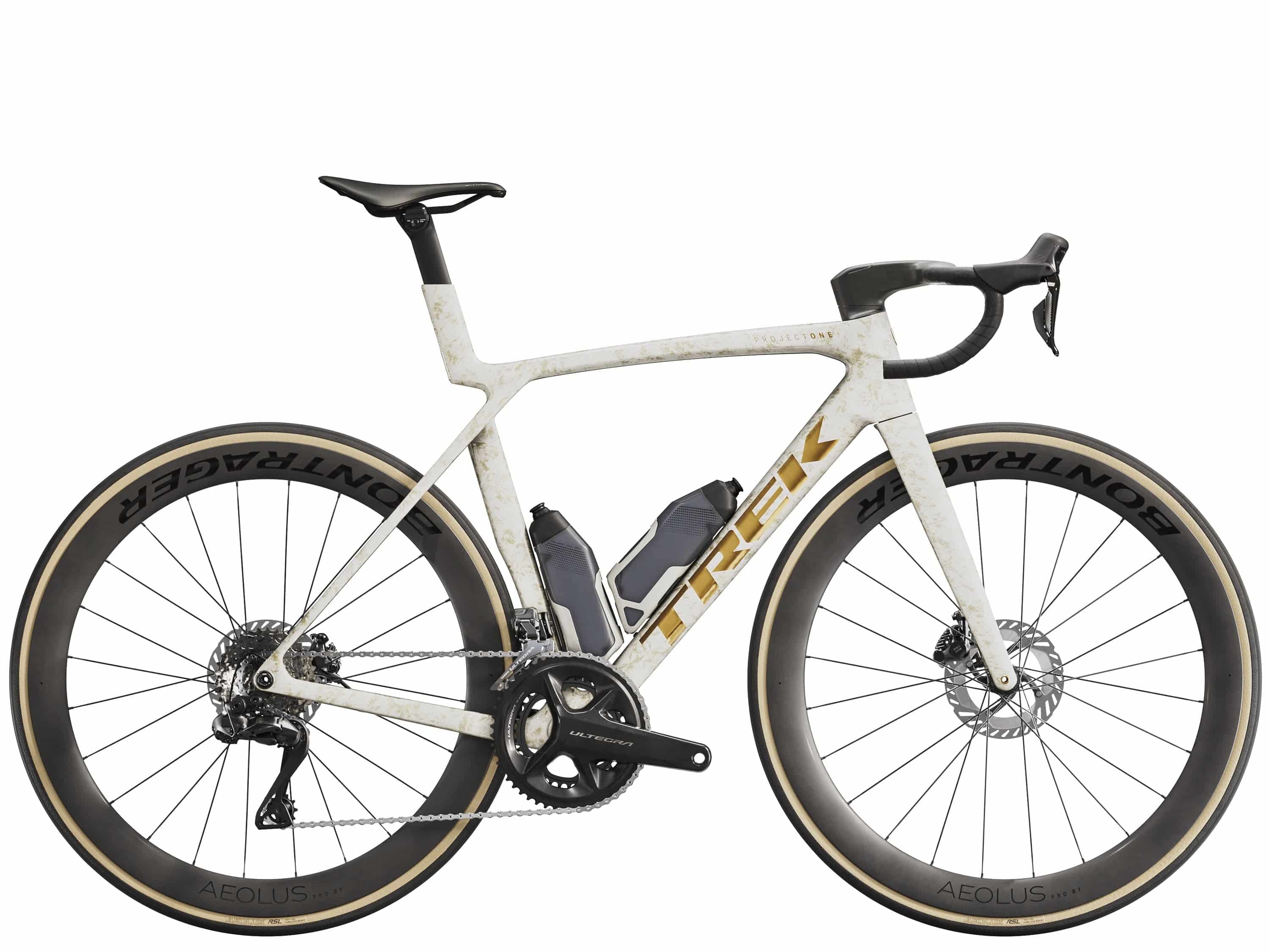 Trek Madone SLR 7 Gen 8 road bike with aero carbon frame and Shimano Ultegra Di2 gear shifters, shown from the side.