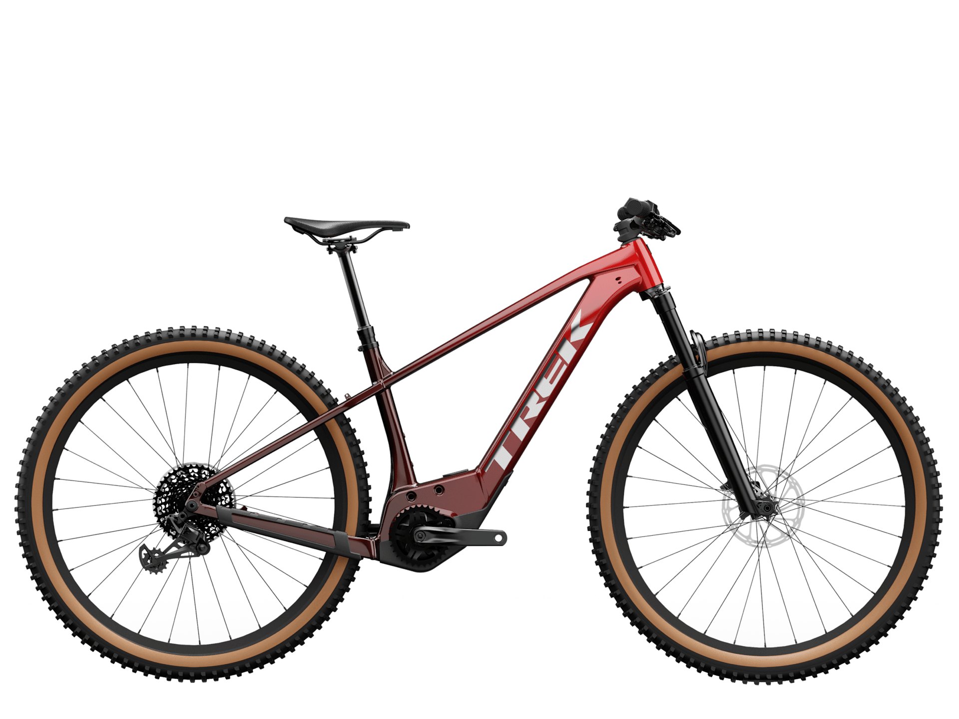 Trek Marlin+ 8 e-mountain bike with Bosch Active Line Plus motor, featuring rugged off-road tires and mountain bike frame.