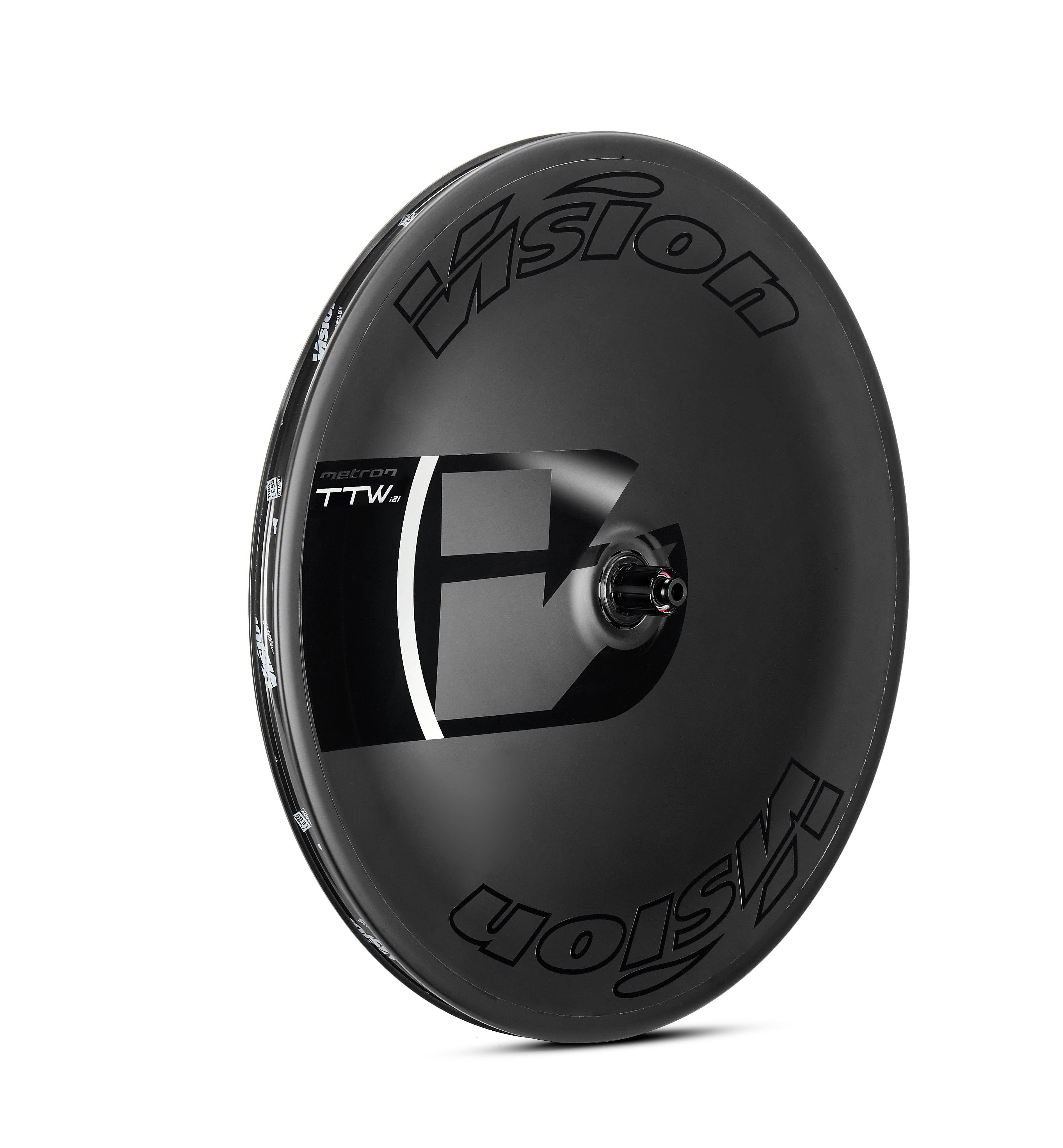 Vision Metron TTW Disc carbon rear wheel with 45mm tubeless-ready clincher rim, showcasing deep rim profile and disc brake compatibility.