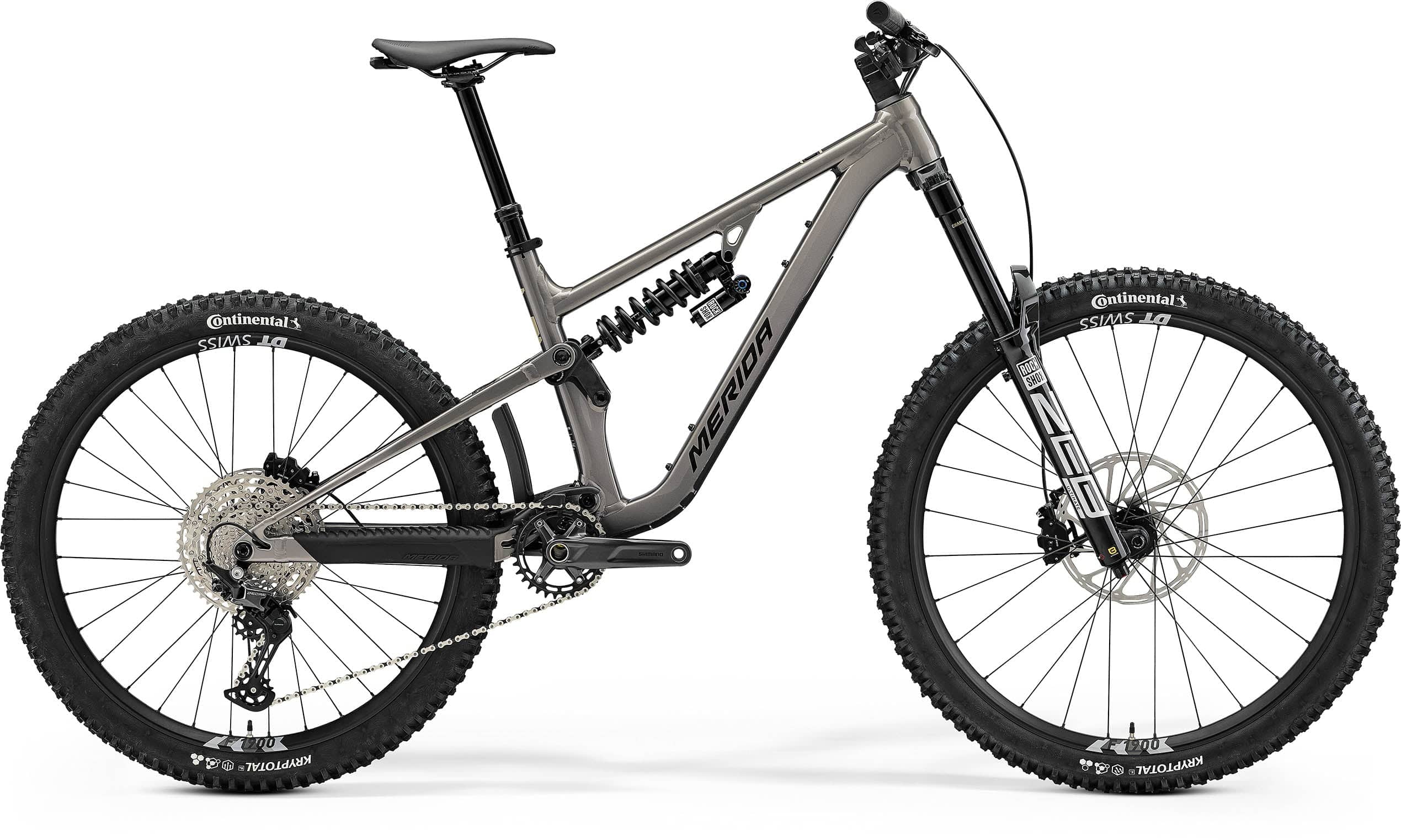 Merida One-Sixty FR 800 mountain bike with full suspension, gray and black frame, Shimano Deore M6100 gears, outdoor setting