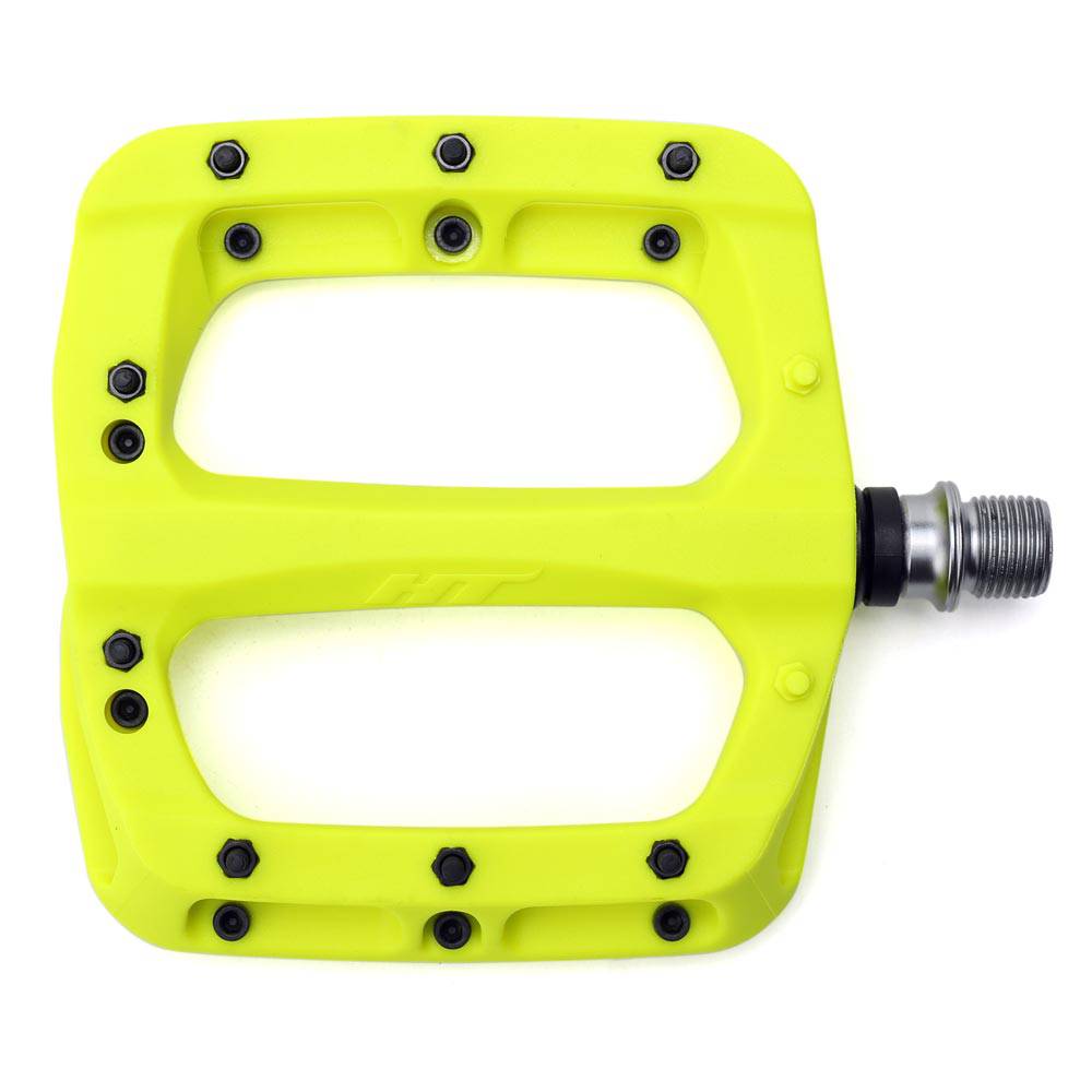 HT Components PA-03A flat pedal in neon yellow with replaceable pins and Cro-Mo axle, showing a close-up of the pedal body.